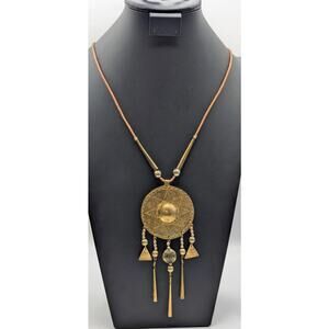 Vintage Brass Sunburst Dangle Pendant Corded Tribal Boho Approx 28" Necklace